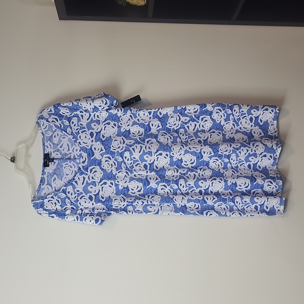 RONNI NICOLE Blue White Floral Textured Scoop Neck Dress
